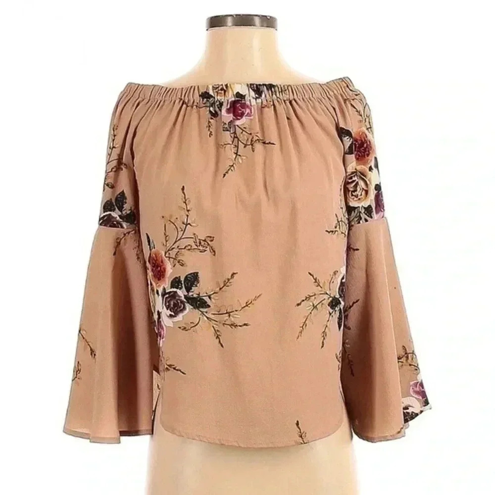 Haute Rogue Tan Cream Floral Bohemian Boho Off The Shoulders Blouse Size S